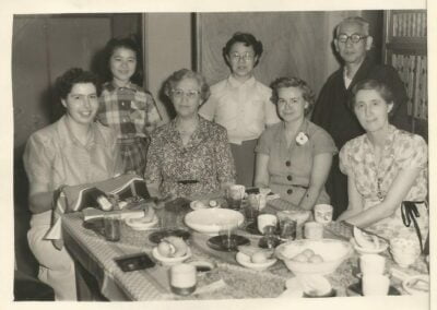 Missionaries: Merrill Brown, Katherine Greenbank, Marg Avison, Laura Derby with Haruko Nakagawa and Mr. and Mrs. Ogasawara