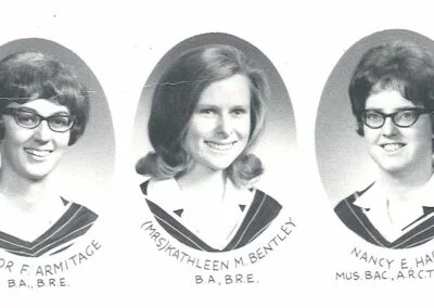 The last three graduates of the joint BRE program with Covenant College, 1968: Elinor (Armitage) Johns, Kay (Bentley) Heuer, Nancy Hardy